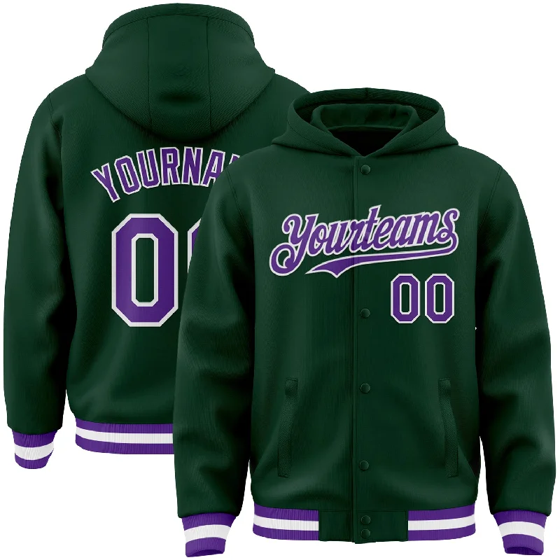 Oversized Unisex Fashion Pieces Summer Deals Custom Green Purple-White Bomber Full-Snap Varsity Letterman Hoodie Jacket