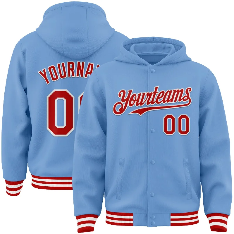 Effortless And Modern Unisex Dressing Huge Price Cut Custom Light Blue Red-White Bomber Full-Snap Varsity Letterman Hoodie Jacket