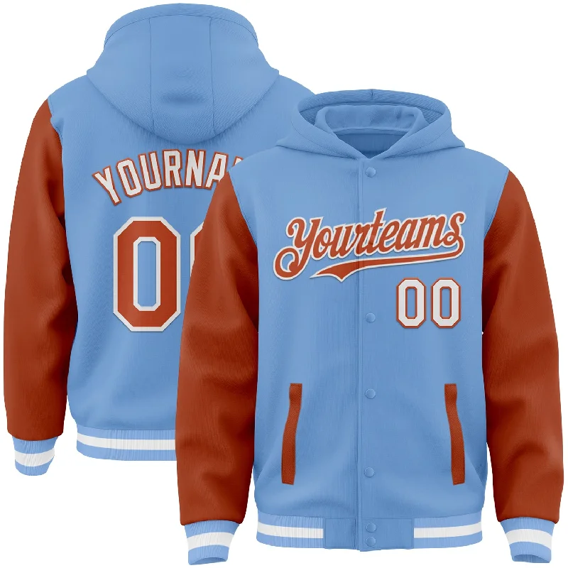 Comfortable Gender-Free Fashion Choices Gift Ideas Custom Light Blue Texas Orange-White Bomber Full-Snap Varsity Letterman Two Tone Hoodie Jacket