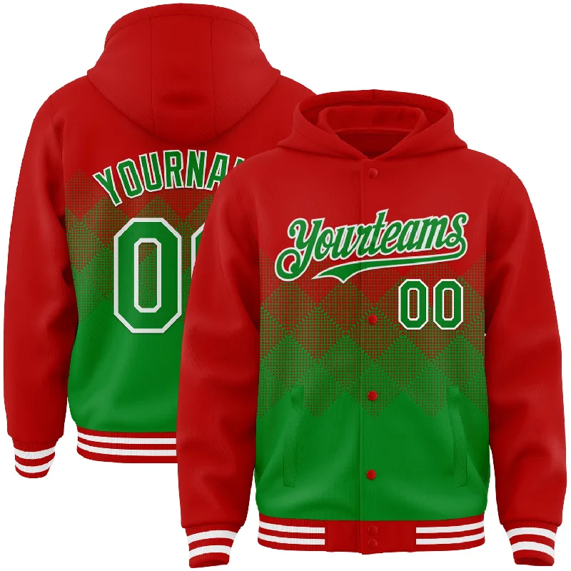 All-Season Unisex Clothing Collection Elevated Casual Discounts Custom Red Grass Green-White Gradient Square Shape 3D Pattern Design Bomber Full-Snap Varsity Letterman Hoodie Jacket