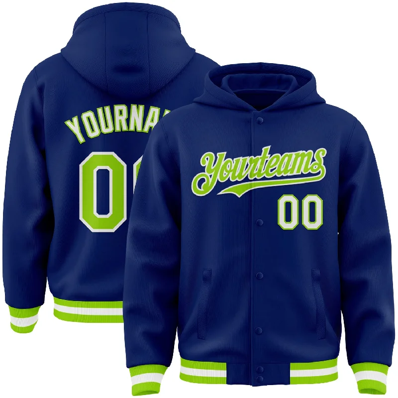 Unisex Casual Fashion Trends Forward Trendsetter Custom Royal Neon Green-White Bomber Full-Snap Varsity Letterman Hoodie Jacket