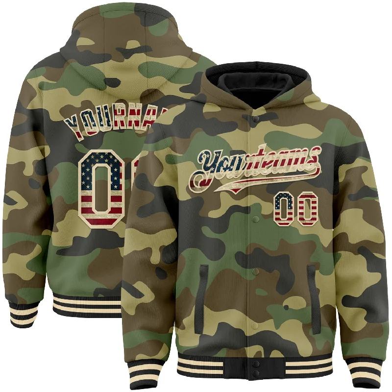 Modern Unisex Clothing For Any Occasion Low Price Special Custom Camo Vintage USA Flag Cream-Black 3D Bomber Full-Snap Varsity Letterman Salute To Service Hoodie Jacket